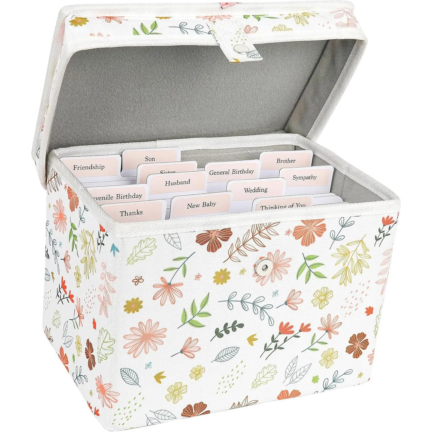 Greeting Card Organizer Storage Box with 12 Removable Dividers, Holds 140+ Cards, Decorative Fabric Greeting Card Storage with Lid for Birthday, Holiday, Thank You Cards, Photos, Envelopes & Crafts