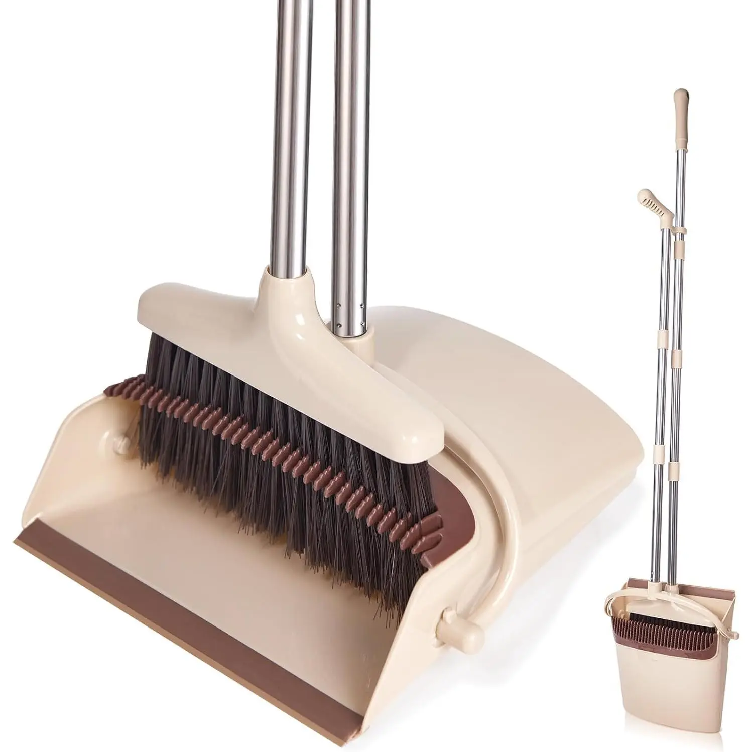 1-Pack Brown & Beige Bristle Sweeping Broom and Dustpan Set, Adjustable Extendable Long-Handled Cleaning Tool with Lightweight Stainless Steel Poles, Stand-Up Design for Home Kitchen Pet Dog Hair, Adjustable Extendable Long-Handled Brooms