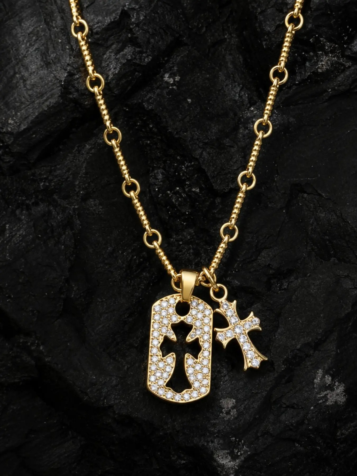 Vintage Hip Hop Dual Pendant Cross Dog Tag Necklace, Twisted Snake Chain Punk Street Fashion Jewelry, Couple Gift