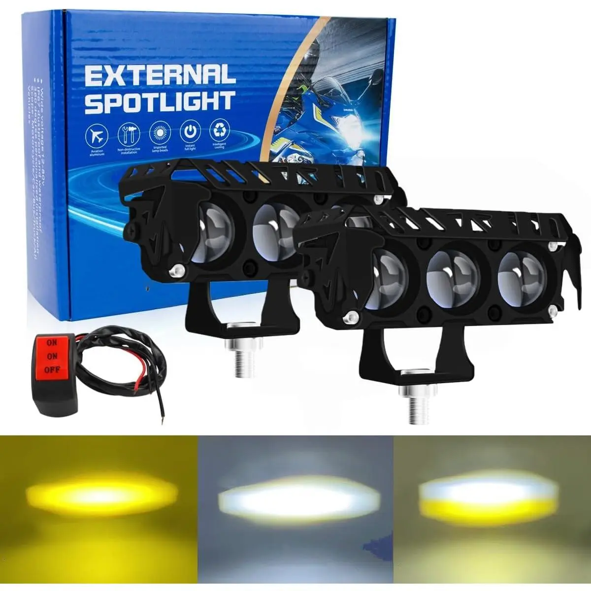 LED Spotlight Yellow&White Dual-Beam External Car Light Combo 2PCS Off-Road Spotlight, High-Brightness W/P Outdoor Work Fog Driving Lamp for Pickup Truck ATV SUV Boat-with Switch,Three-Eyed