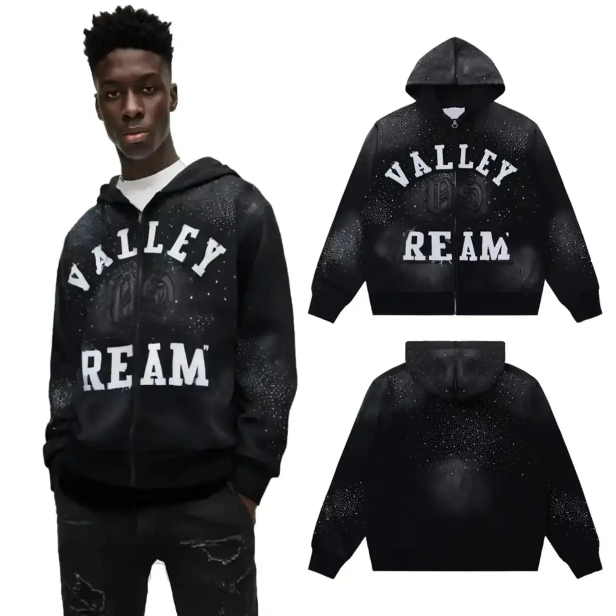 VALLEY Y2K Letter Embroidery Zip Up Hoodie, 100% Cotton Heavyweight Distressed Sweatshirt, Oversized Hip Hop Streetwear Jacket, Vintage Full Zip Hoodie