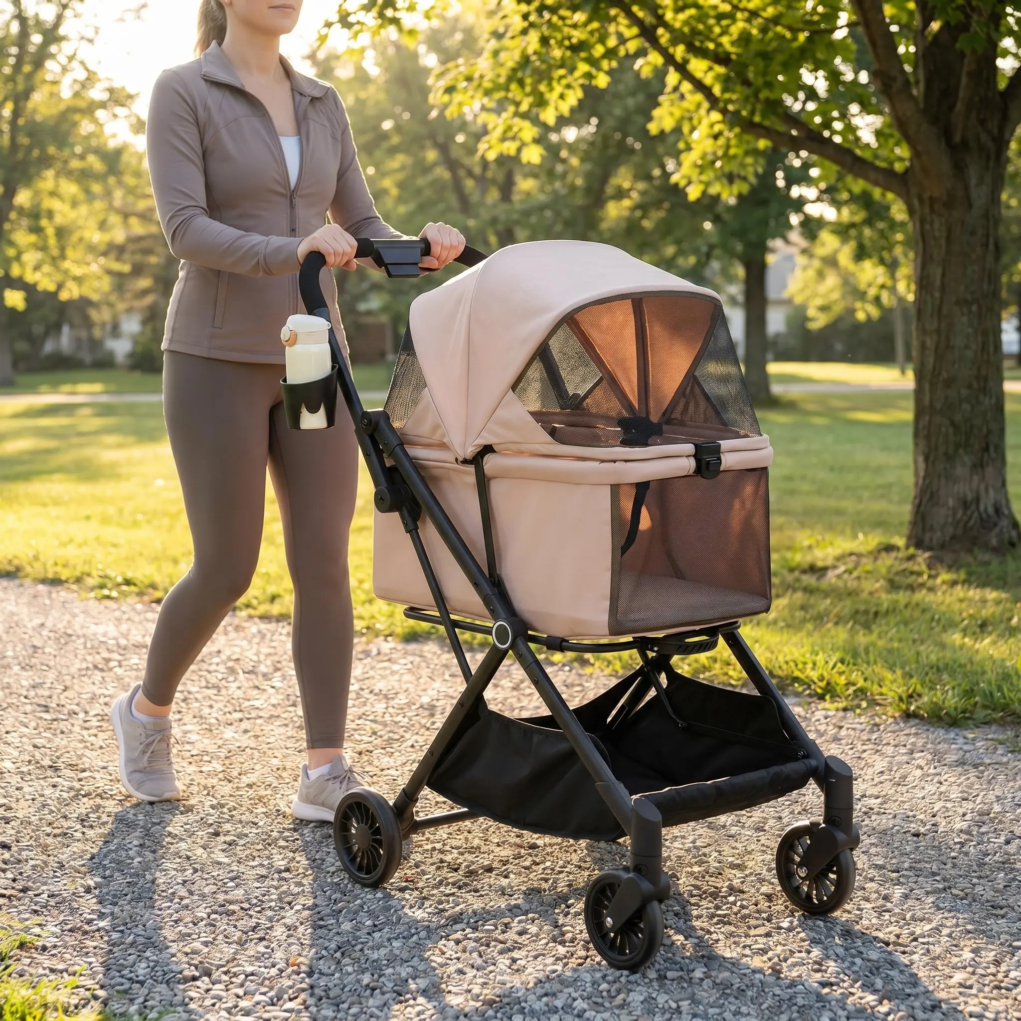 YJ-Garvee Lightweight Foldable Dog Stroller for Small to Medium Dogs and Cats with 4 Wheels, 360° Swivel Front Wheels & Foot Brake, Supports Up to 50 Lbs - Perfect for Travel, Walking, and Senior Pets