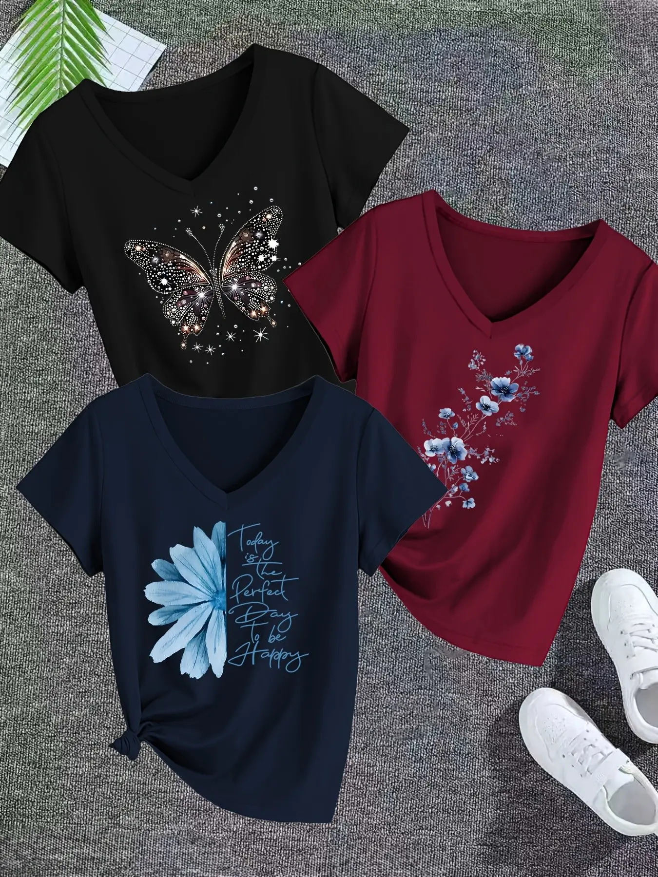 Three-Piece Women's V-Neck Short Sleeve T-Shirts, Sparkly Butterfly & Floral Print, Casual Summer Wear, Versatile Ladies' Top