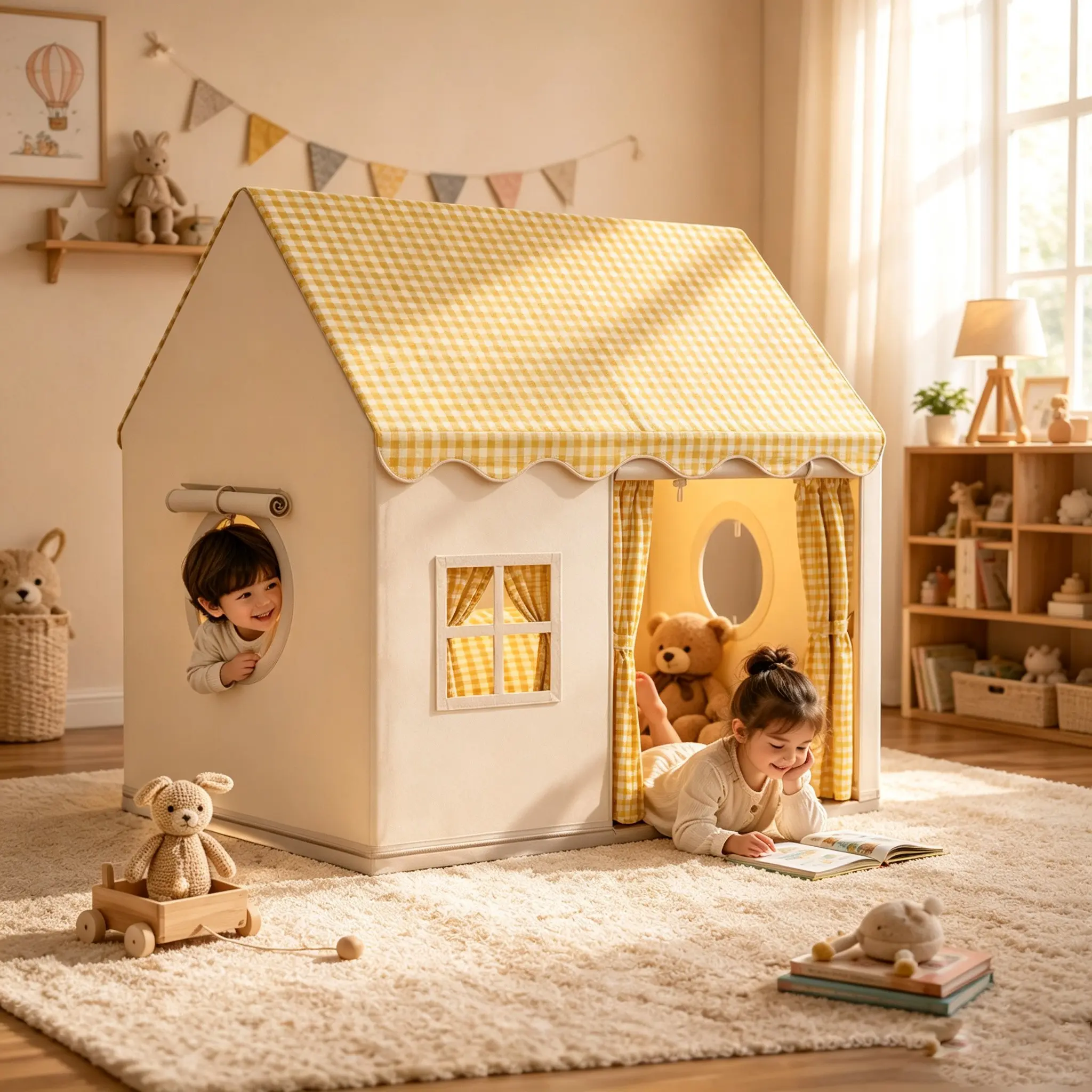 Round Grid Window Playhouse, Outdoor Playhouse, Check Pattern Tent with Side Windows, Portable Play Area for Imaginative Play, Perfect for Kids' Fun, Party Play Tent, Toddler Play Tent, Play Castle Tent