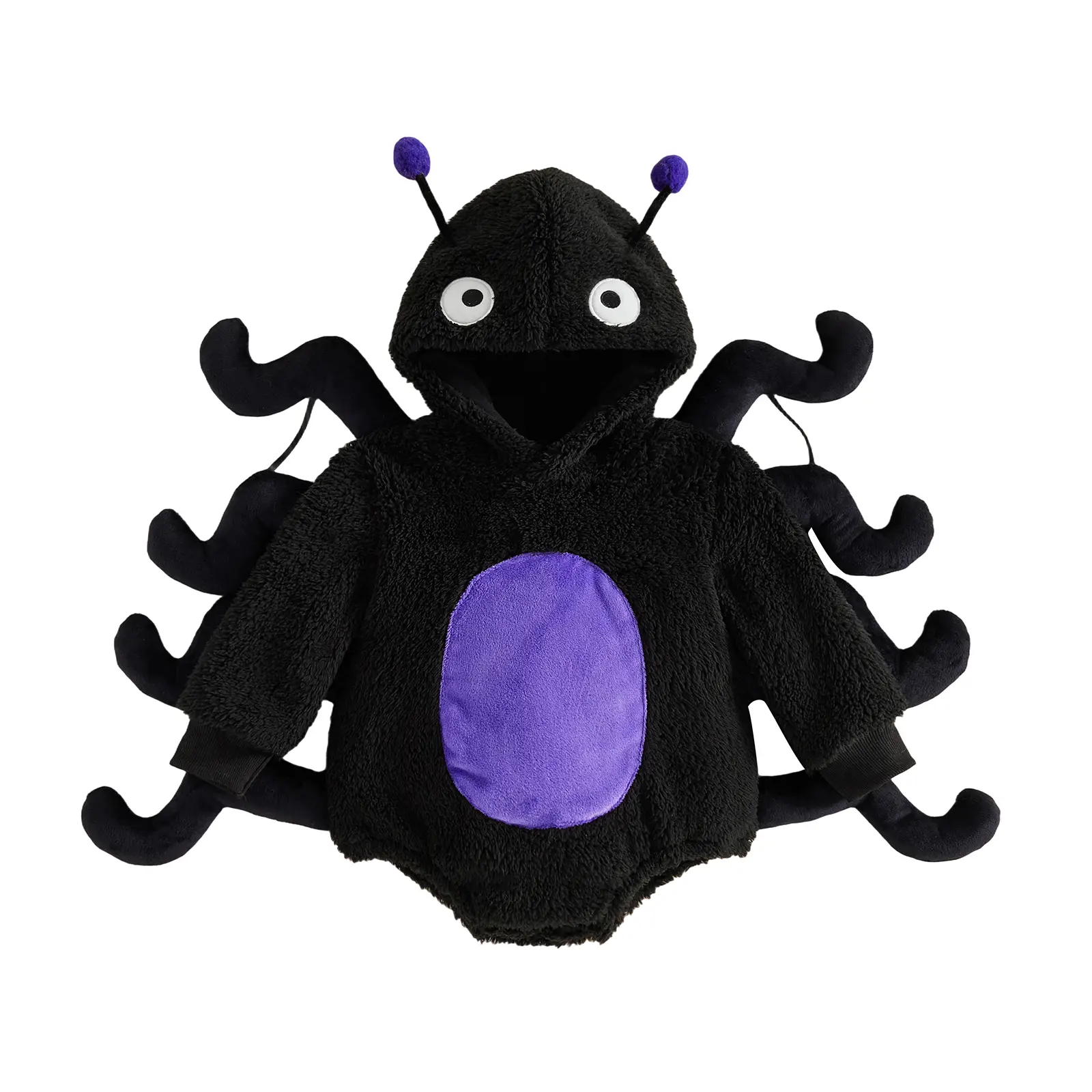 Infant Baby Boy Girl Halloween Spider Costume Romper Long Sleeve Fuzzy Hooded Jumpsuit 0-18 Months