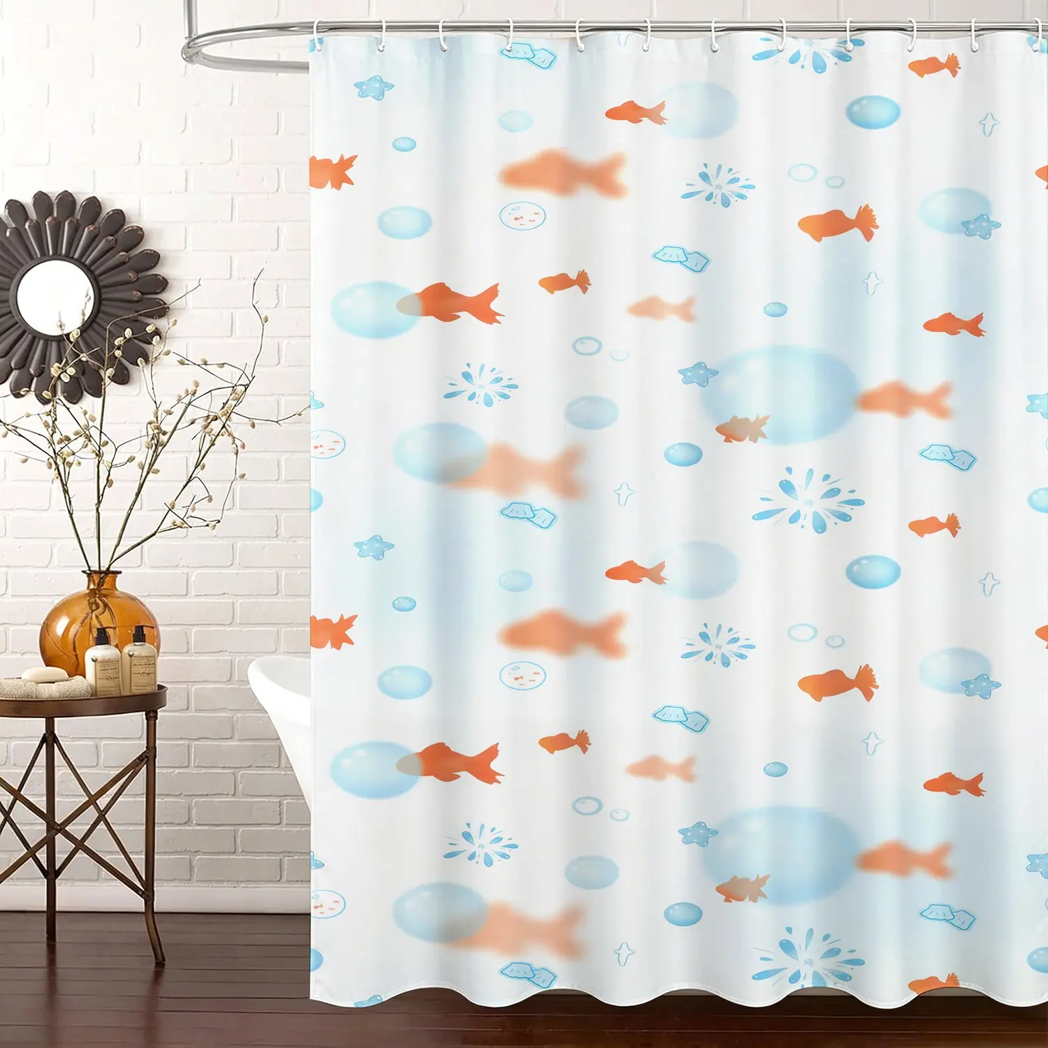 Ocean Goldfish Bubble Bath Curtain, Cartoon Goldfish Air Bubble Marine Element All‑Over Graphic Digital Print Shower Partition Curtain, Washable Polyester Shower Curtain Set with Hooks Included, Decor for Kids Room, RV