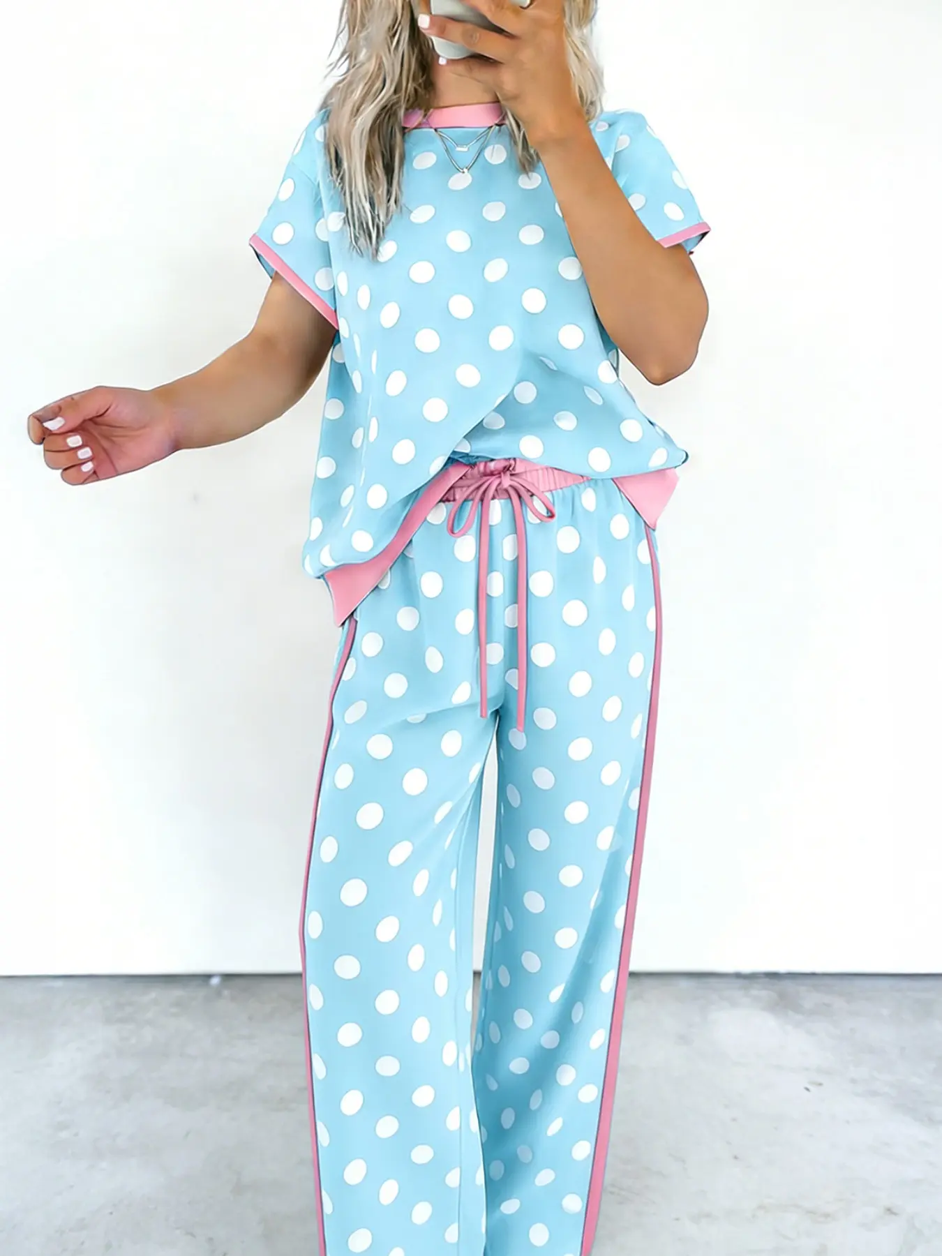 Summer Casual Polka Dot Round Neck Short Sleeve Top & Long Pants Set, Comfortable Two-Piece for Daily Wear, Stylish Summer Fashion, Clothes