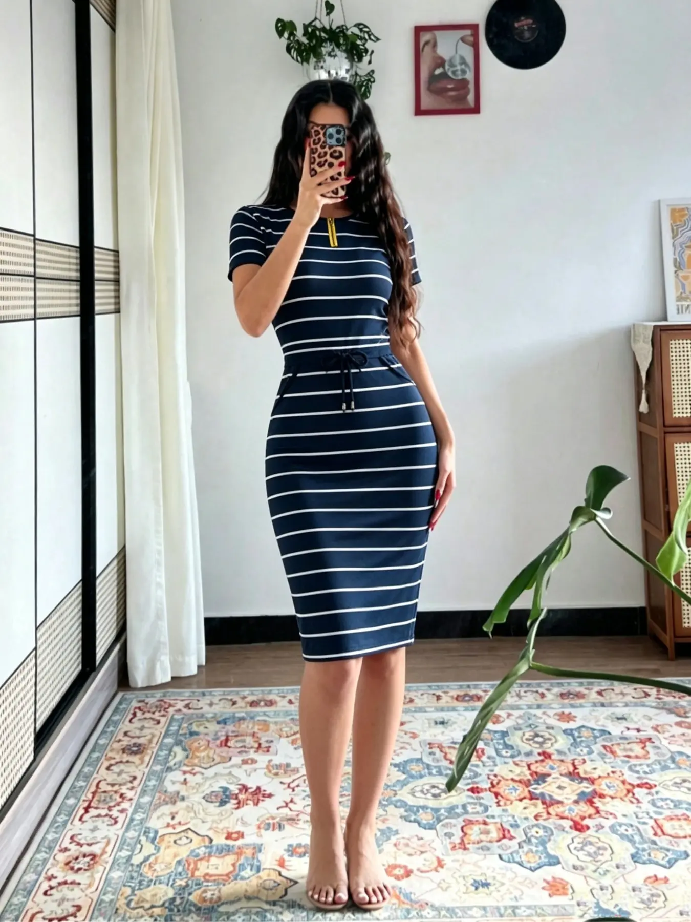 Women's Striped Slim Fit Short Sleeve Summer Adjustable Waist Dress, Drawstring Waist, Round Neck, Zipper Detail, Office & Casual Wear