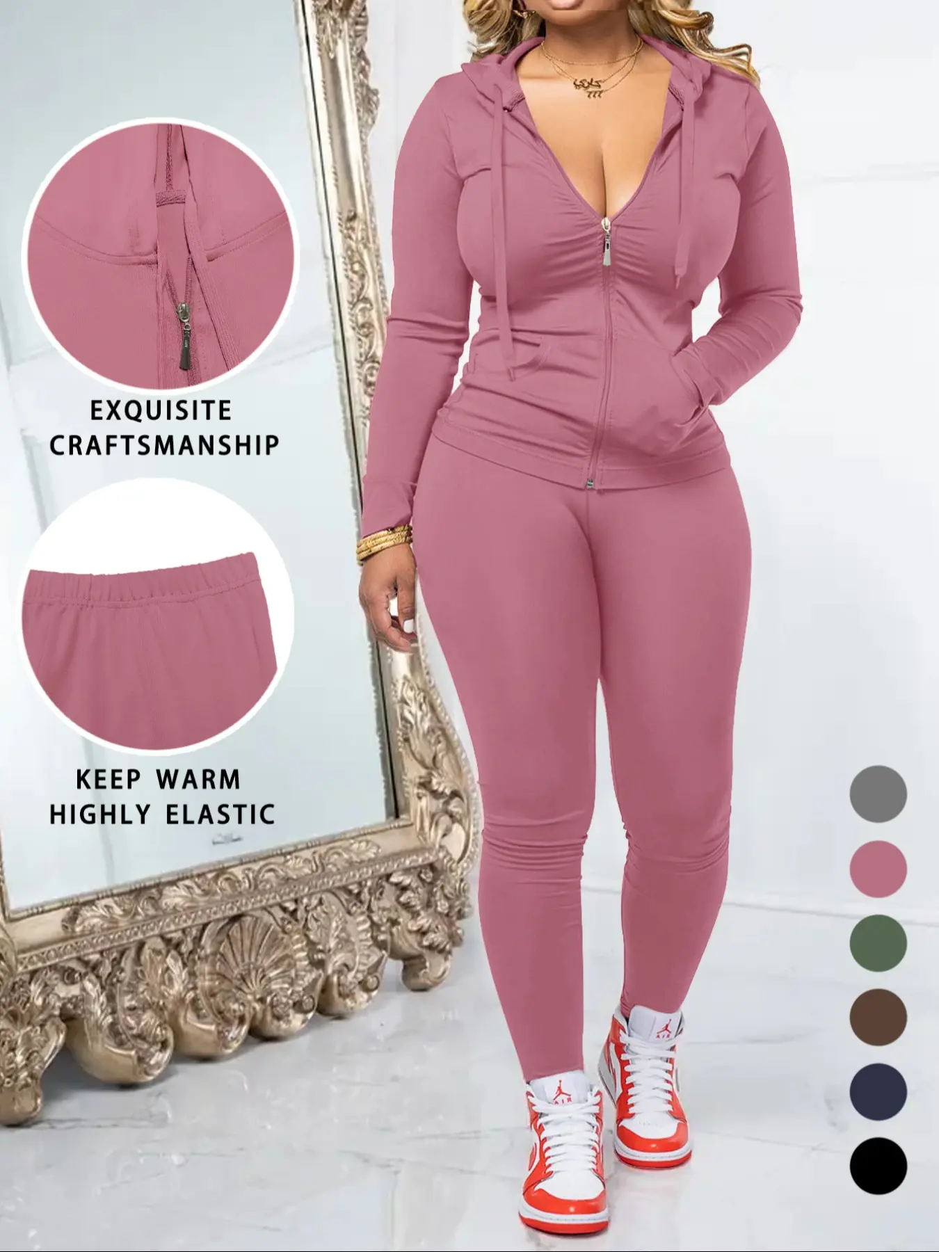 Women's Zipper Hoodie and Skinny Pants Set, Casual Long-Sleeve Hoodie with Pocket Design, Two-Piece for Daily Wear