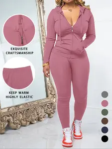 Women's Fall Zipper Hoodie and Skinny Pants Set, Casual Long Sleeve Pullover with Pocket Design, Two-Piece for Daily Wear
