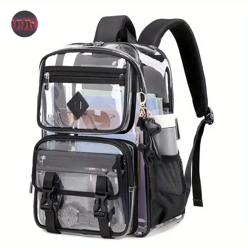 YYW1 Clear Backpack with Multiple Pockets School, Travel, and Work – Stylish and Durable Organizer with Front Zipper Compartments, Mesh Side Pockets, and Trendy Keychain Charm Transparent Pink