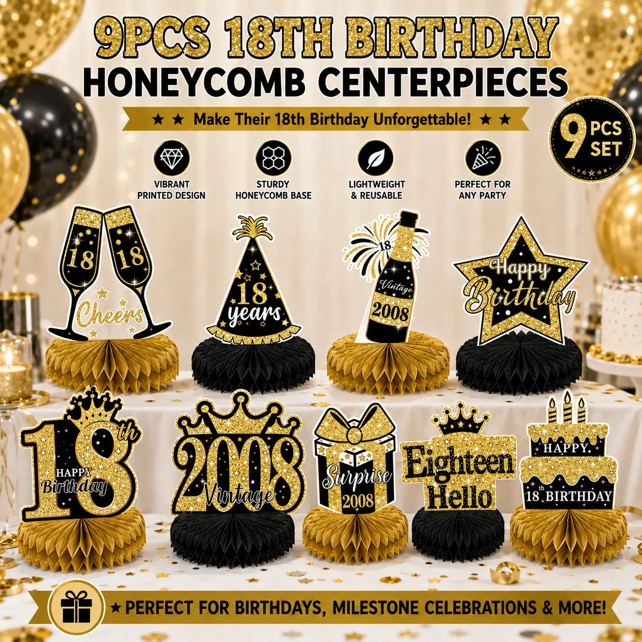 9 Pcs 18th Birthday Decoration Set, Party Decorations, Party Supplies, Honeycomb Centerpieces, and Gold, Table Topper, Party Favors, 18th Birthday Celebrations