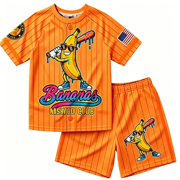 Kids Dabbing Banana Printed Retro US Flag Baseball Jersey Outfit Athletic Mesh Short Sleeve Top and Shorts Summer Vibe Casual Sportswear for Toddler Boys Girls Big Kid Outdoor Fun Wear
