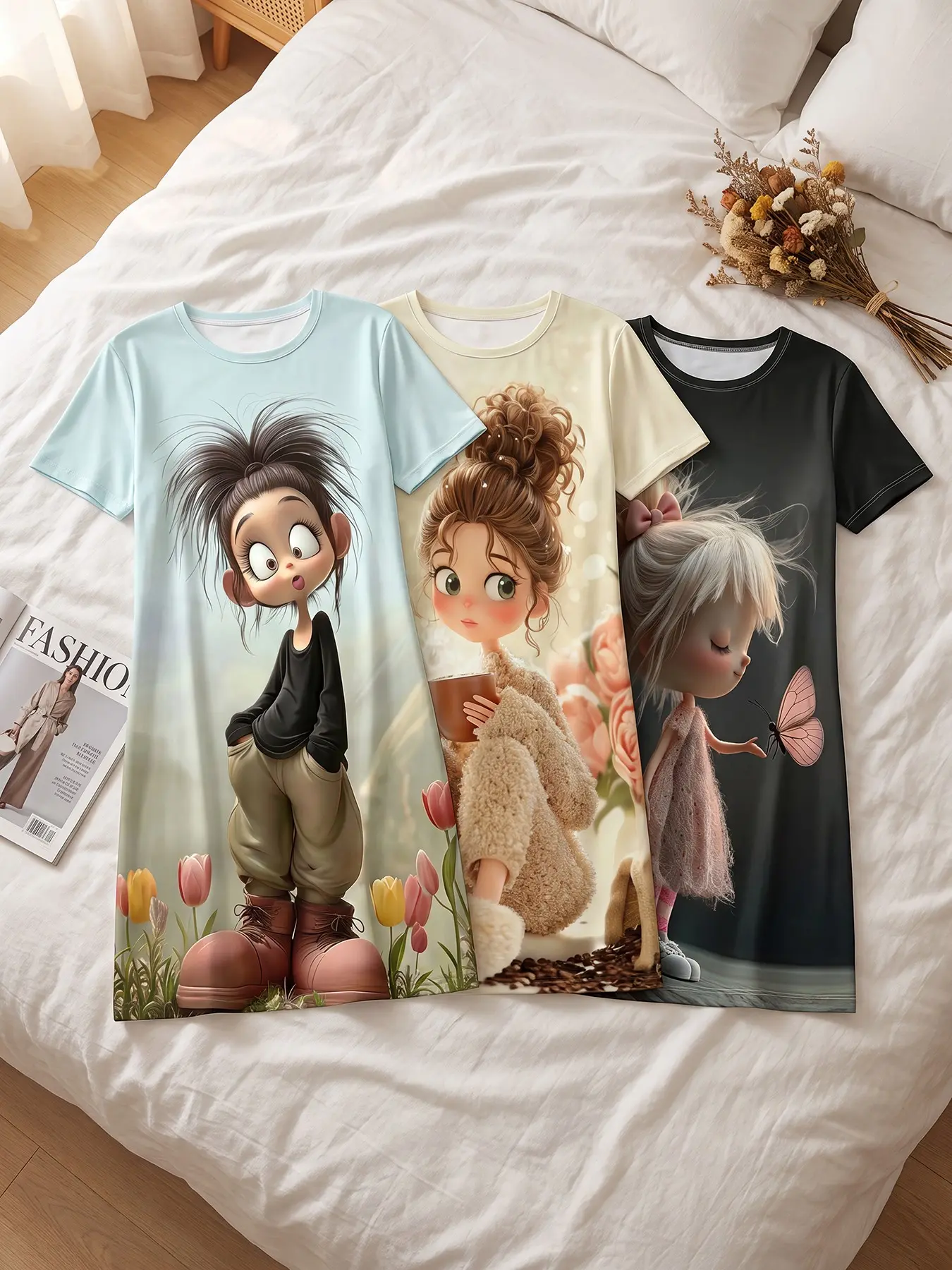 3‑Pack Women Short‑Sleeve Crew Neck Nightgown, Wear All Seasons, soft 3D girl illustration print loungewear, cozy nightdress for bedtime relaxation & quiet stay‑at‑home leisure moments