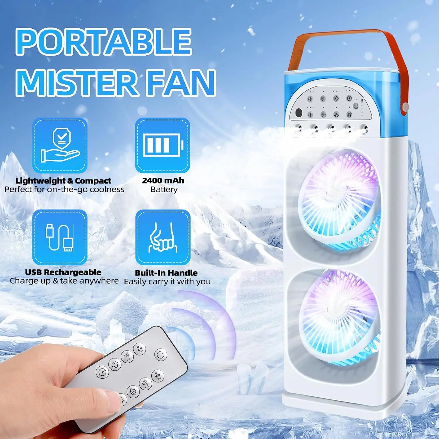 4-IN-1 Portable Evaporative Air Cooler - 2400mAh Battery AC, Humidifier, Desktop Fan with 3 Speeds, 7-Color Light, 1~3h Timer for Home, Office (Indoor Recreation Use)