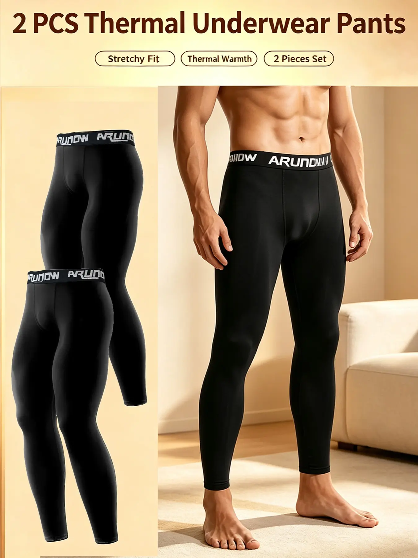 2 PCS Men High Stretch Thermal Compression Pants Elastic Logo Waistband Long Johns Soft Warm Base Layer Leggings for Workout Daily Cold Weather Sports