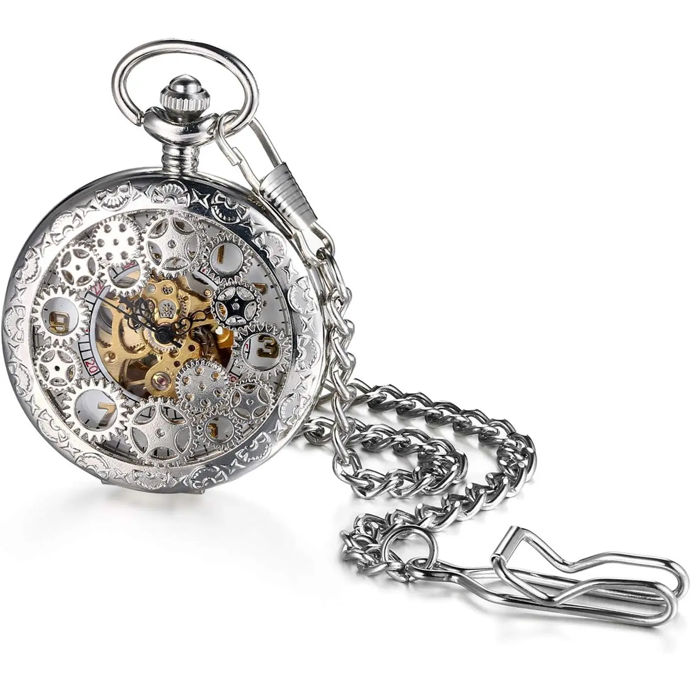 Steampunk Retro Half Hunter Copper Gear Skeleton Hand Wind Mechanical Roman/Arabic Numeral Analog Display Pocket Watch with 14" Chain