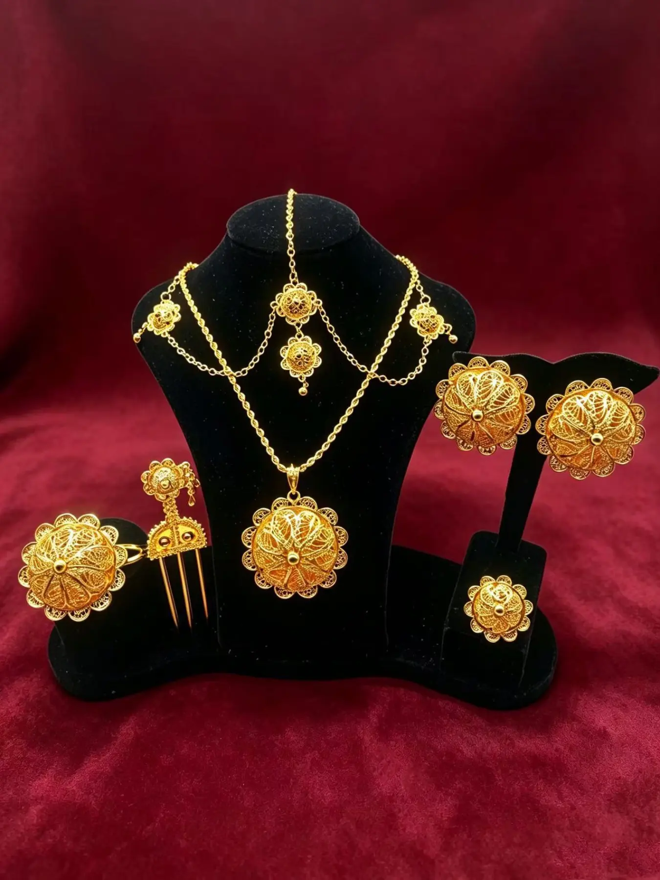 Luxury Handmade Filigree Hollow 6pcs Jewelry Set, Floral Design, Includes Bangle, Ring, Earrings, Hairpin, Necklace, Party Gift for Women
