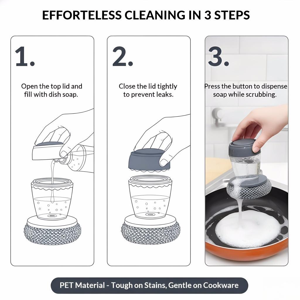 Automatic Liquid Adding Dish Brush, Non-Scratch Pot Scrubber for Camping BBQ, Outdoor Kitchen Cleaning Tool for Hiking, Backpacking & Picnic, Press-Type Dishwashing Brush for Campsite Cookware