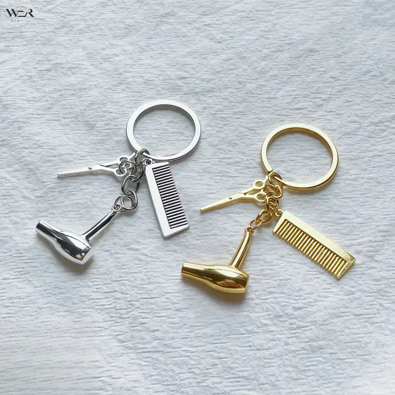 Unisex Barber Theme Metal Charm Keychain, Hairdresser Tools Charms with Scissors Comb & Hair Dryer, Mini Barber Shop Key Ring, Durable Stylist Keychain Gift for Beauty Salon Lovers