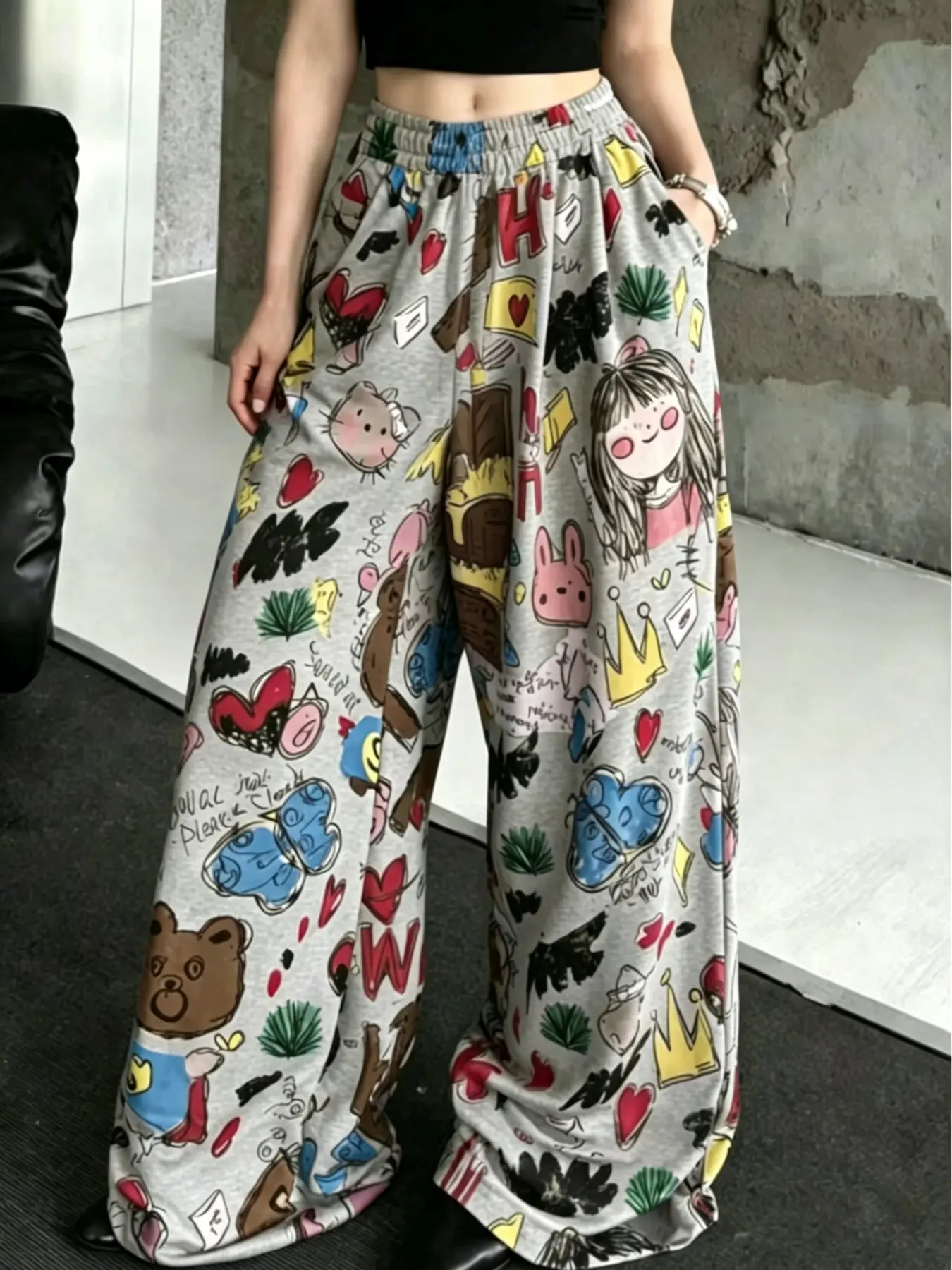 2026 Summer New Style Casual Funny Cartoon Print Pants, Loose-Fitting Baggy Wide Leg H-Type Long Pockets, Comfortable Home & Outdoor Wear, All-Over Print Design