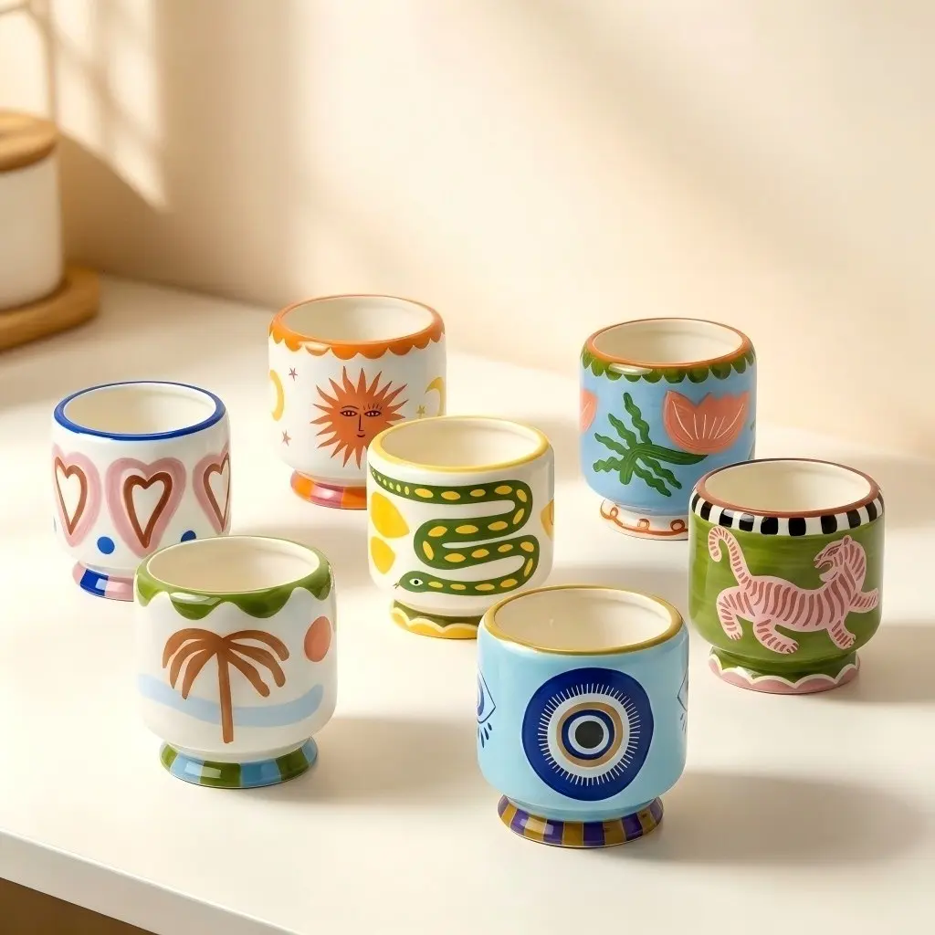 Hand-Painted Bohemian Ceramic Makeup Brush Holder, Multi-Designs with Base, Cute Desk Organizer, Versatile Planter & Candle Holder