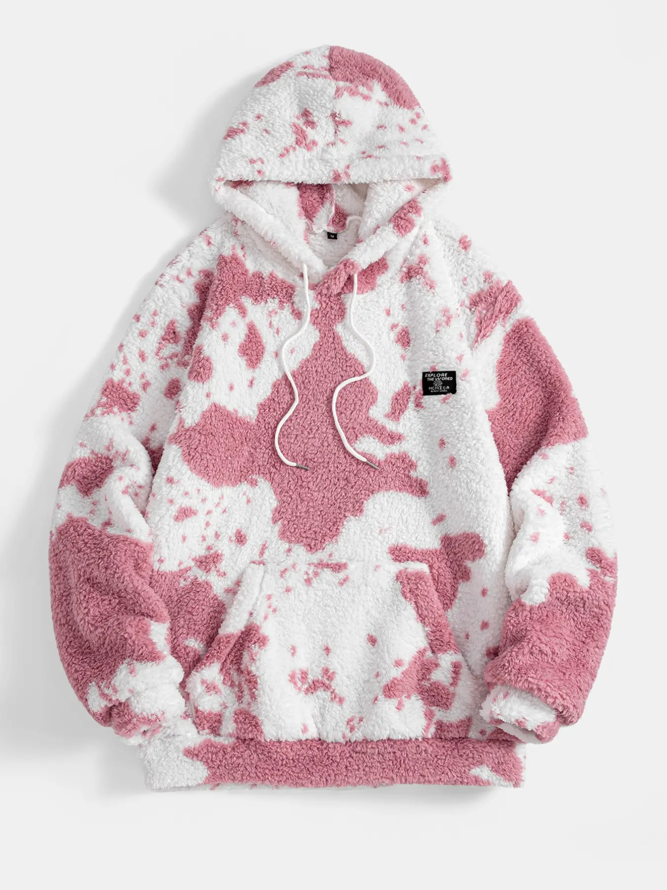 Men's Cow Print Fluffy Fleece Hoodie, Drawstring Long Sleeve Sweatshirt, Soft Warm Casual Streetwear, Winter Home Outdoor Pullover