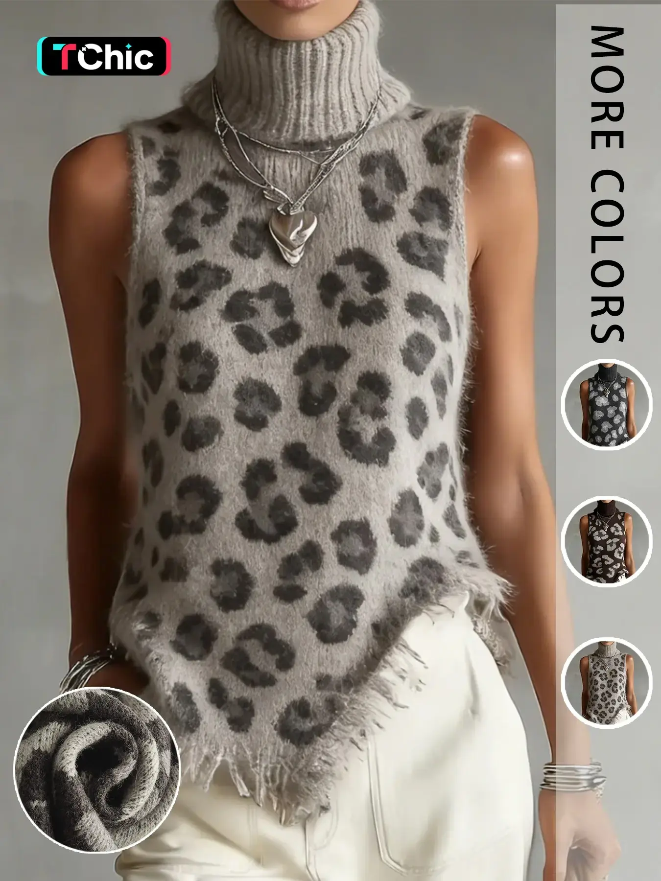 Women's Leopard Print High Neck Knit Vest, Sleeveless Asymmetrical Hem Knitted Top, Fall Winter Casual Layering Outerwear, Sleeveless Knitted Vests