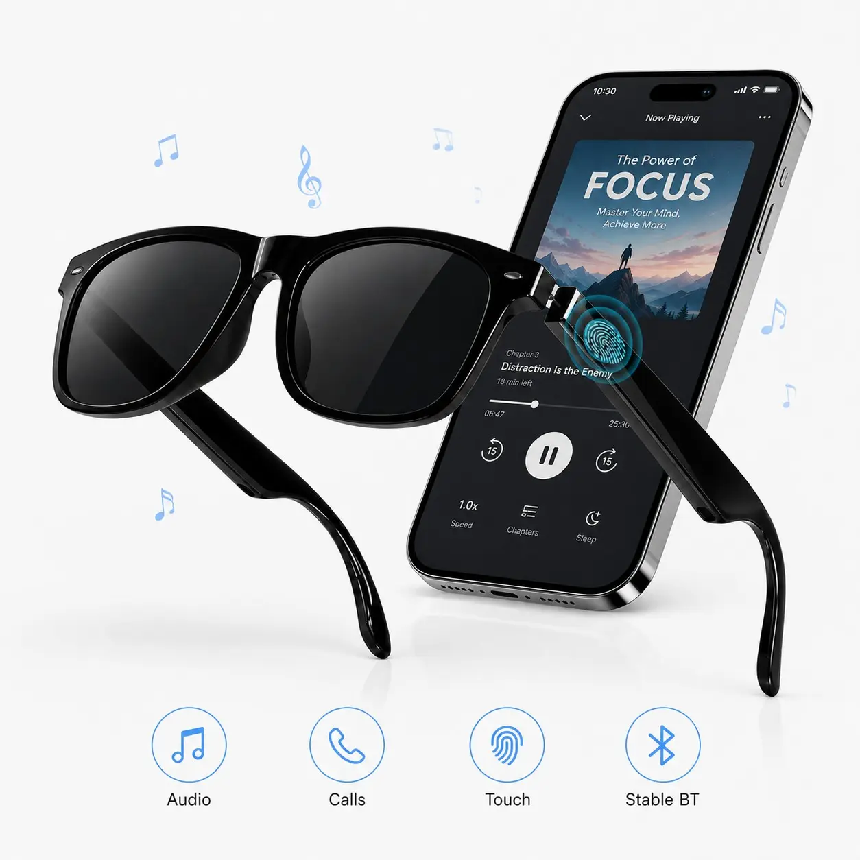Smart Glasses, Bluetooth Audio Sunglasses with Open-Ear Speakers, Built in Mic, Music, Hands-Free Calls and Touch Control