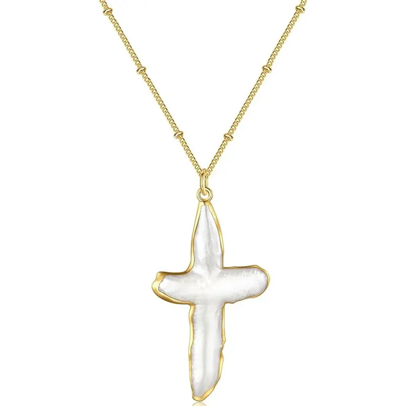 Pearl Cross Necklace for Women Freshwater Natural Chunky Baroque Pearl Necklaces Big Gold Plated Cross Necklace Christian Gifts for Women Men Trendy Jewelry Accessory Necklace Necklets