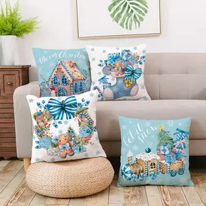 4pcs Blue Watercolor Gingerbread Man Christmas Pillow Covers, Festive Sofa Decor, Holiday Cushion Cases, No Insert Included