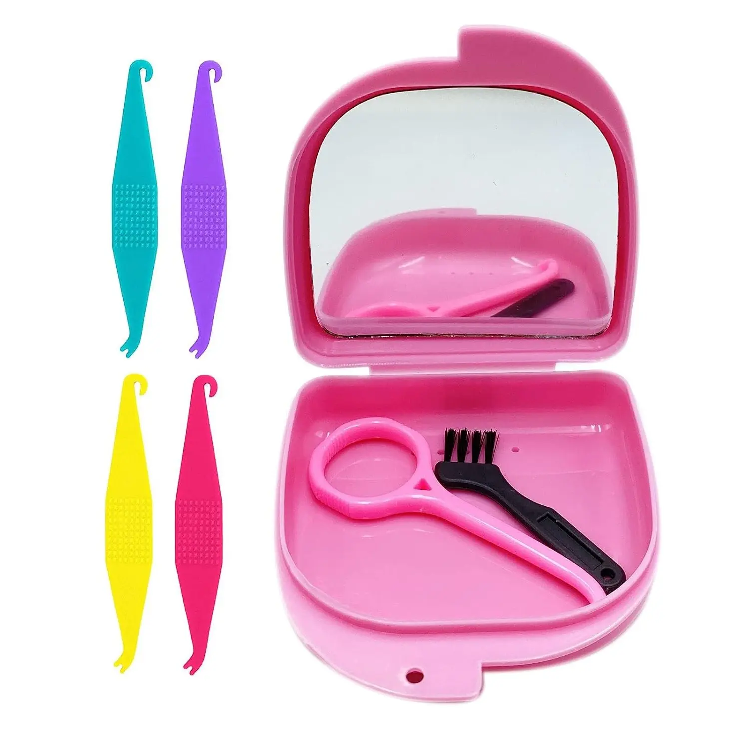 7-in-1 Oral Care Disassembly Kit with Retainer Case, Mirror & Vent Holes, Aligner Remover Tool, 4 Elastic Rubber Band Placers, and Cleaning Brush (Pink)Gift