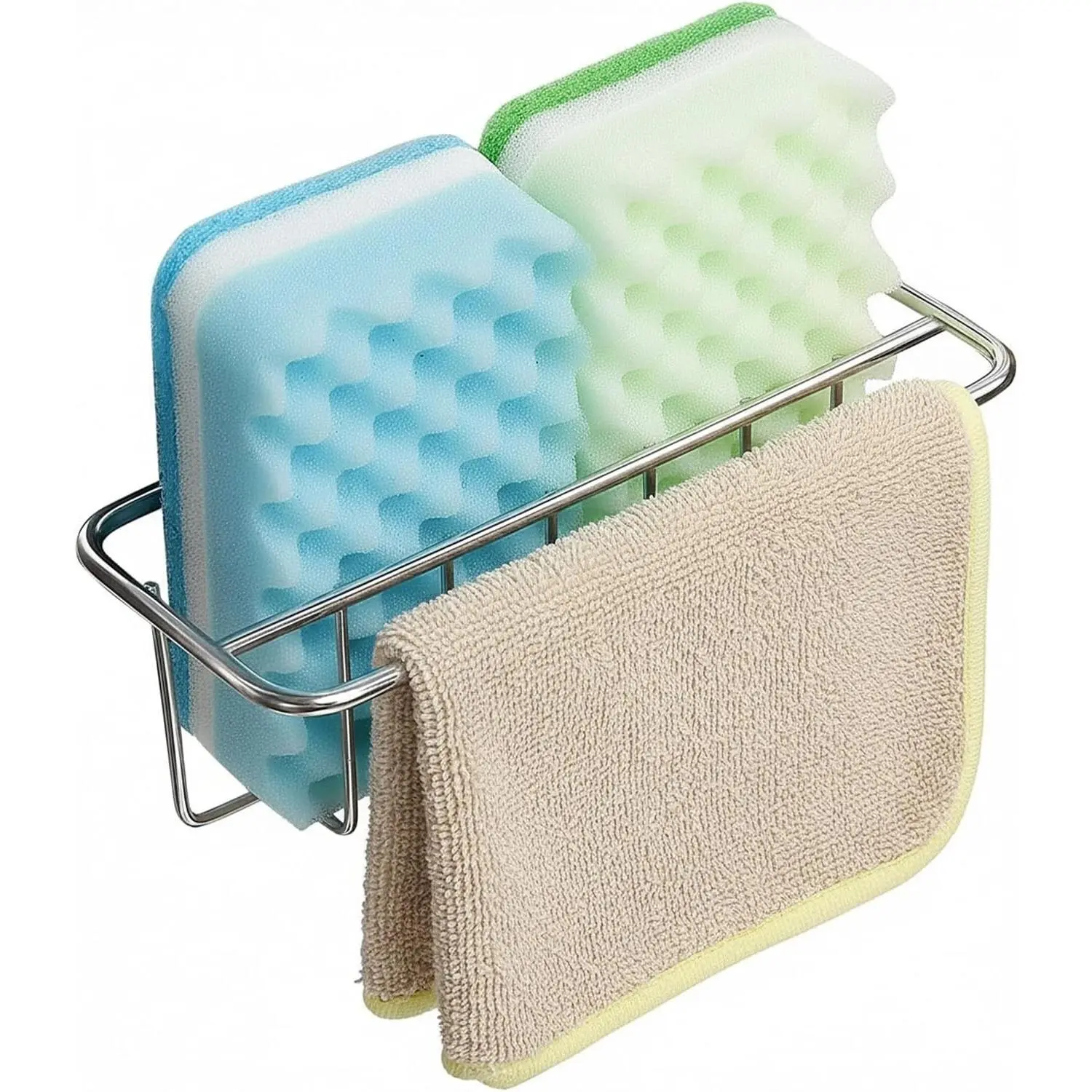 Adhesive Kitchen Sink Sponge Holder + Dish Cloth Hanger + Soap Holder, 2-in-1 Kitchen Sink Caddy, 304 Stainless Steel Rust Proof, Water Proof, No Drilling (Silver)