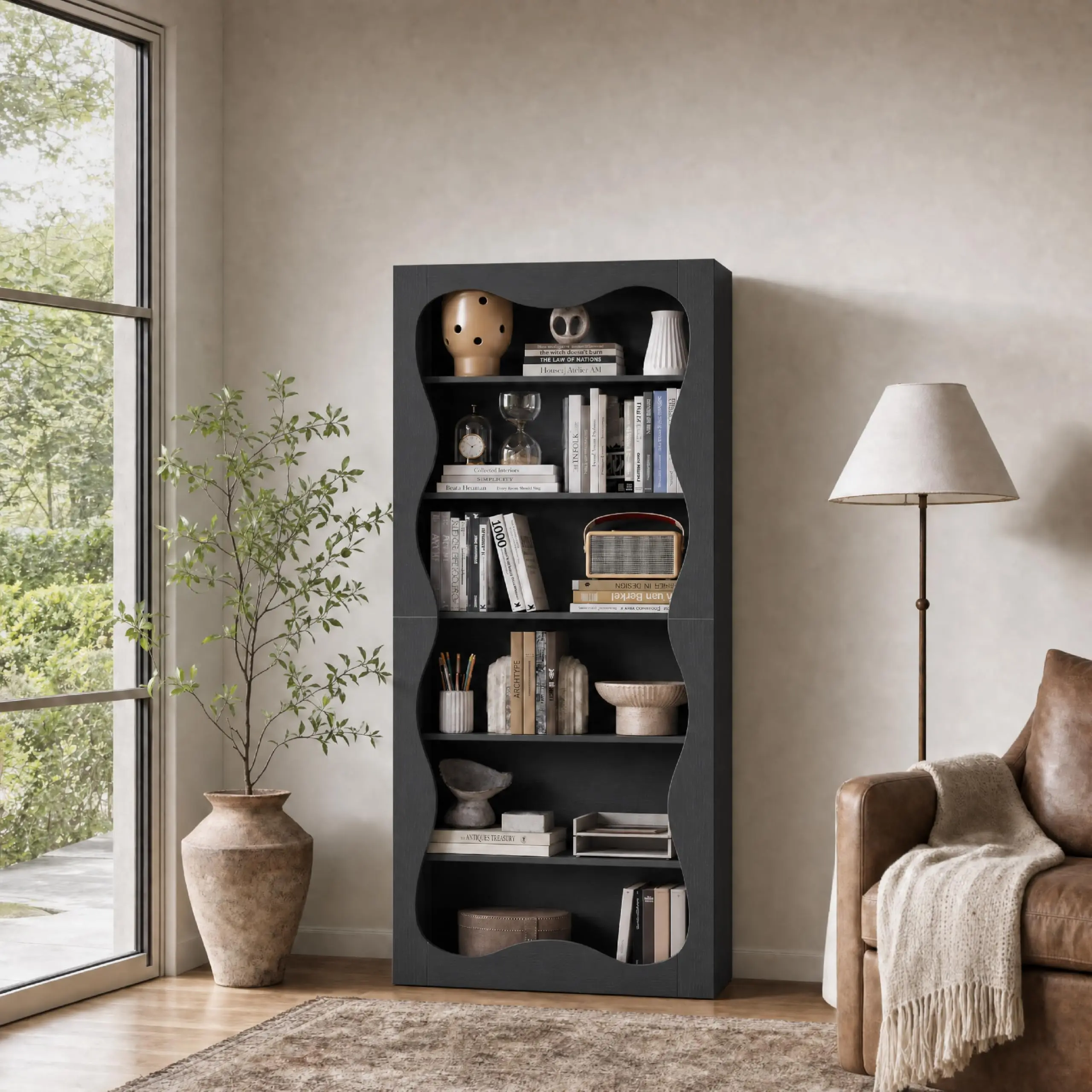 Tall 6-Tier Freestanding Wooden Bookshelf Bookcase - Open Storage & Display Shelves - Modern Wavy Scalloped Edge - for Home Office, Living Room, Bedroom