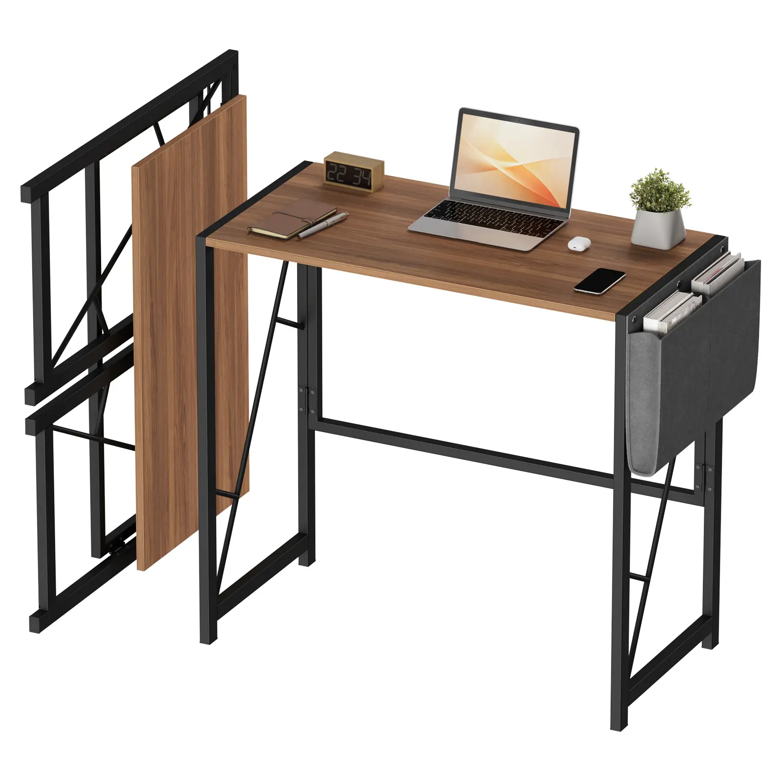Space-Saving Folding Writing Desk - Collapsible Wooden Computer Table with Side Pocket & Hooks, Sturdy Metal Frame, Easy Assembly - Home Office, Bedroom, Balcony,Brown/Black