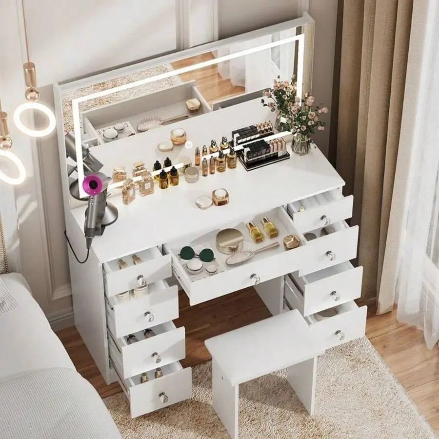 VOWNER 43-Inch MDF Freestanding Makeup Vanity Desk Set with 43" Wide Worktop, Large LED Lighted Mirror, Glass Top, 3 Color-Adjustable Lights, Vanity Chair, Wall Plug, Power Outlet, 9 Drawers, Assembly Required, Women's Home Decor