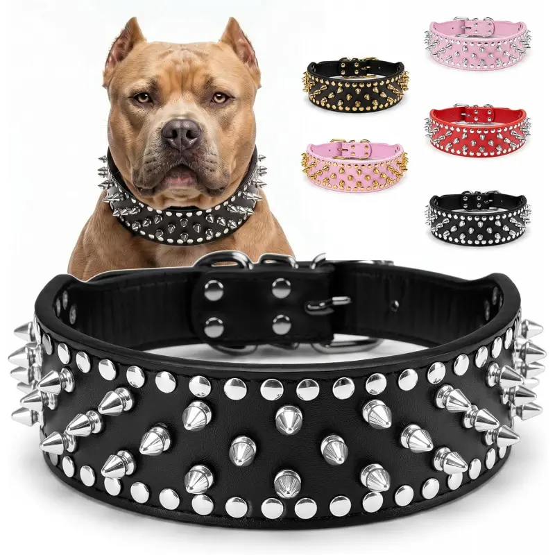 Anti-Bite Wide Spiked Studded Dog Collar: Adjustable PU Leather Dog Collars for Medium & Large Dogs, Heavy Duty, Metal D-Ring, Neck Protection, Punk Style, Black, L (20.67" - 23.82")