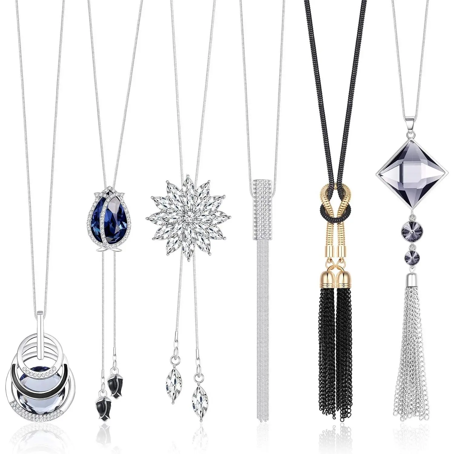 ORAZIO 6Pcs Women Long Sweater Necklace Silver Plated Rhinestone Flower Tassel Pendant Neckace Jewelry Women Gifts,monday