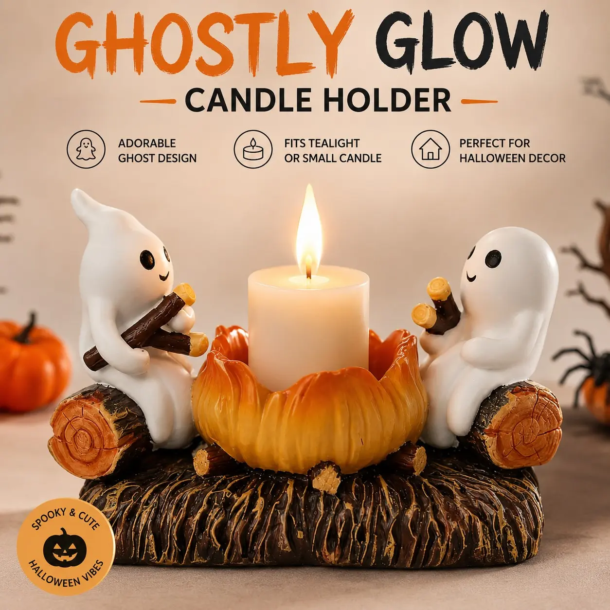Halloween Ghost Candle Holder, Cute Pumpkin Tea Light Holder, Resin Tabletop Decor, Home Party Fireplace Mantel Decoration, Candlestick Holders