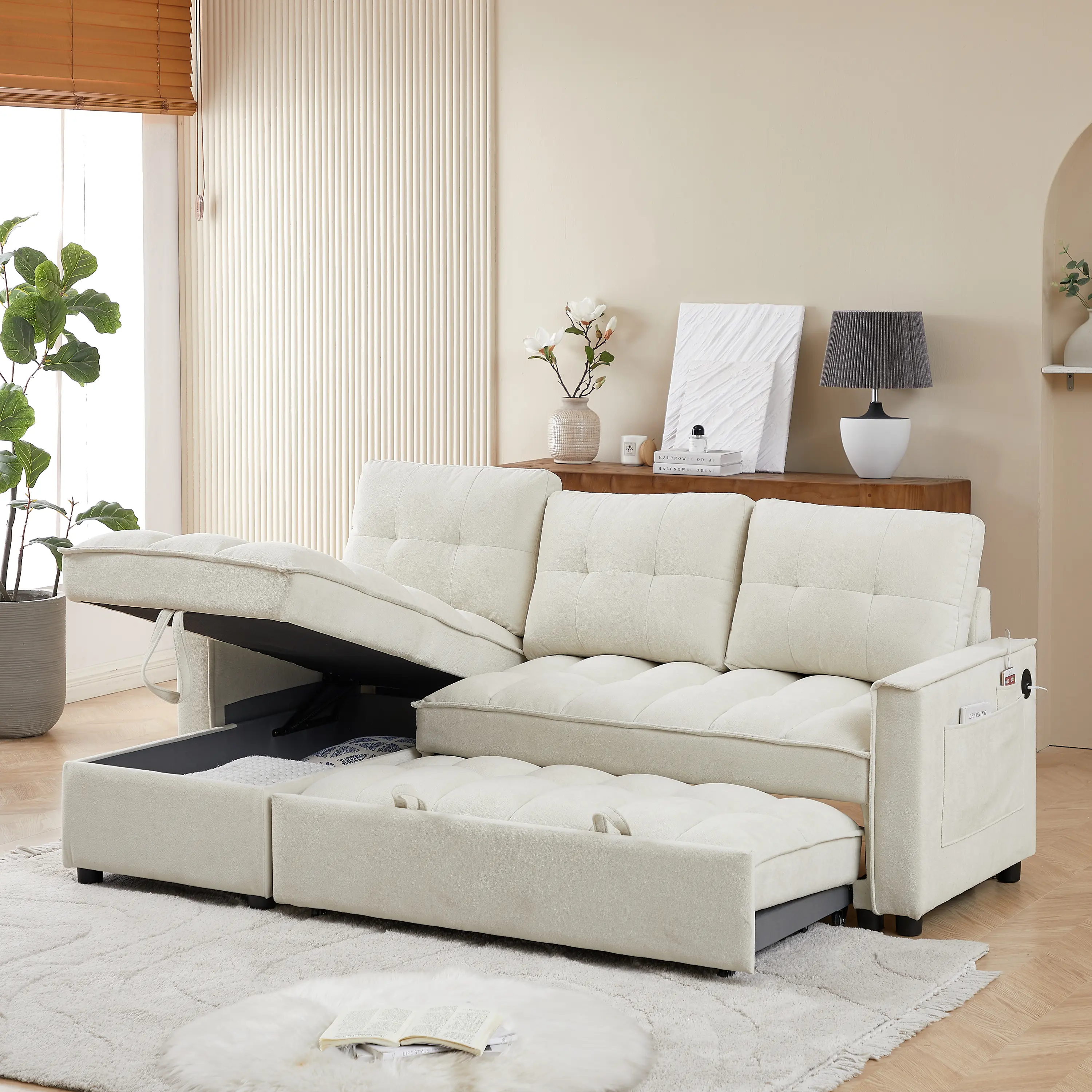 ARCH 71.3" L-Shaped Chenille Reclining Sectional Sofa Bed - 3-Seat Living Room Couch with USB Ports, Reversible Chaise, Storage Drawer, Side Pocket, Solid Wood Frame, Quick Setup, Beige