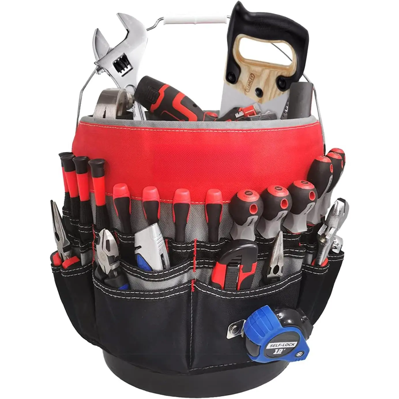 Bucket Tool Organizer Fit for 3.5-5 Gallon Bucket, 51 Pockets, Bucket Tool Caddy Organization for Garden, Construction, Carpenter, Electrician, Welding, Builder - Red & Black