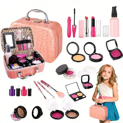 Kids Makeup Toy Set, Realistic Cosmetic Playset, Pretend Play Item for Kids Vanity, Non-Toxic Lipstick and Nail Polish Props, Christmas Gift Box for Girls