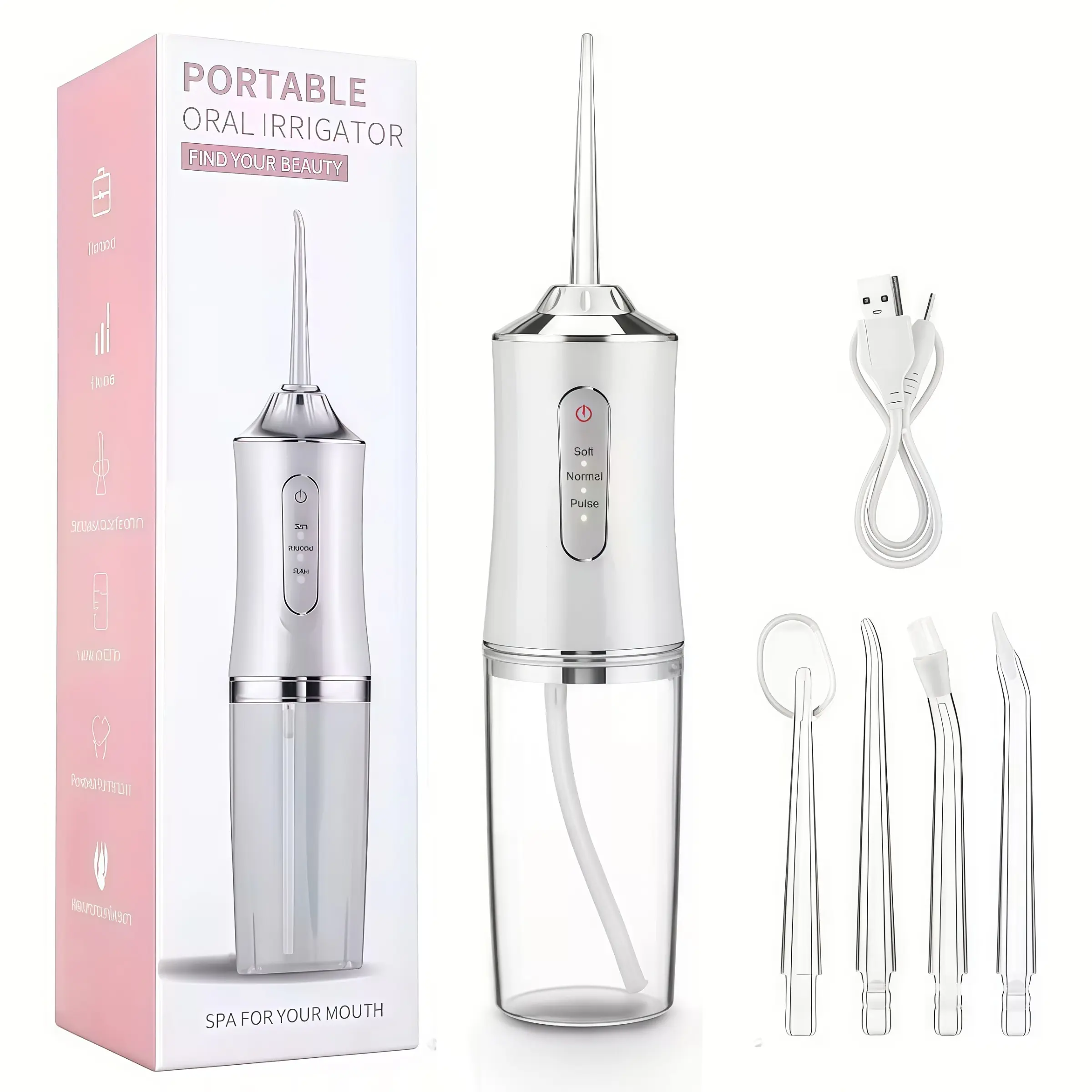 Rechargeable Portable Oral Irrigator, Portable Travel Water Flosser, Oral Cleaning Tool with 4 Nozzles,800mah Capacity, Model A10, Fda Registered