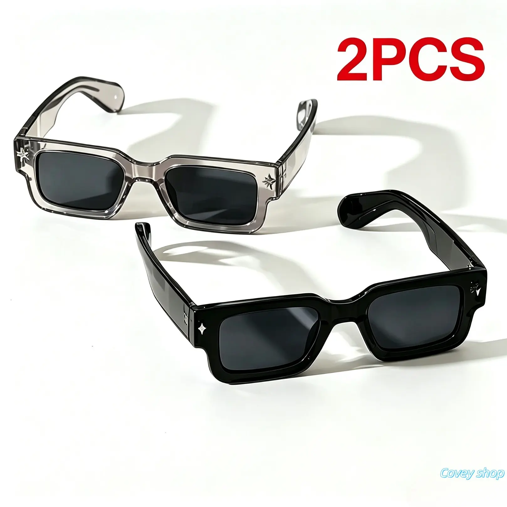 Unisex Retro Thick Frame Sunglasses Set Of 2, Pc Anti-glare Lens Shades, Lightweight Full-rim Eyewear, Fashion Accessory For Beach, Travel, Party And Vacation