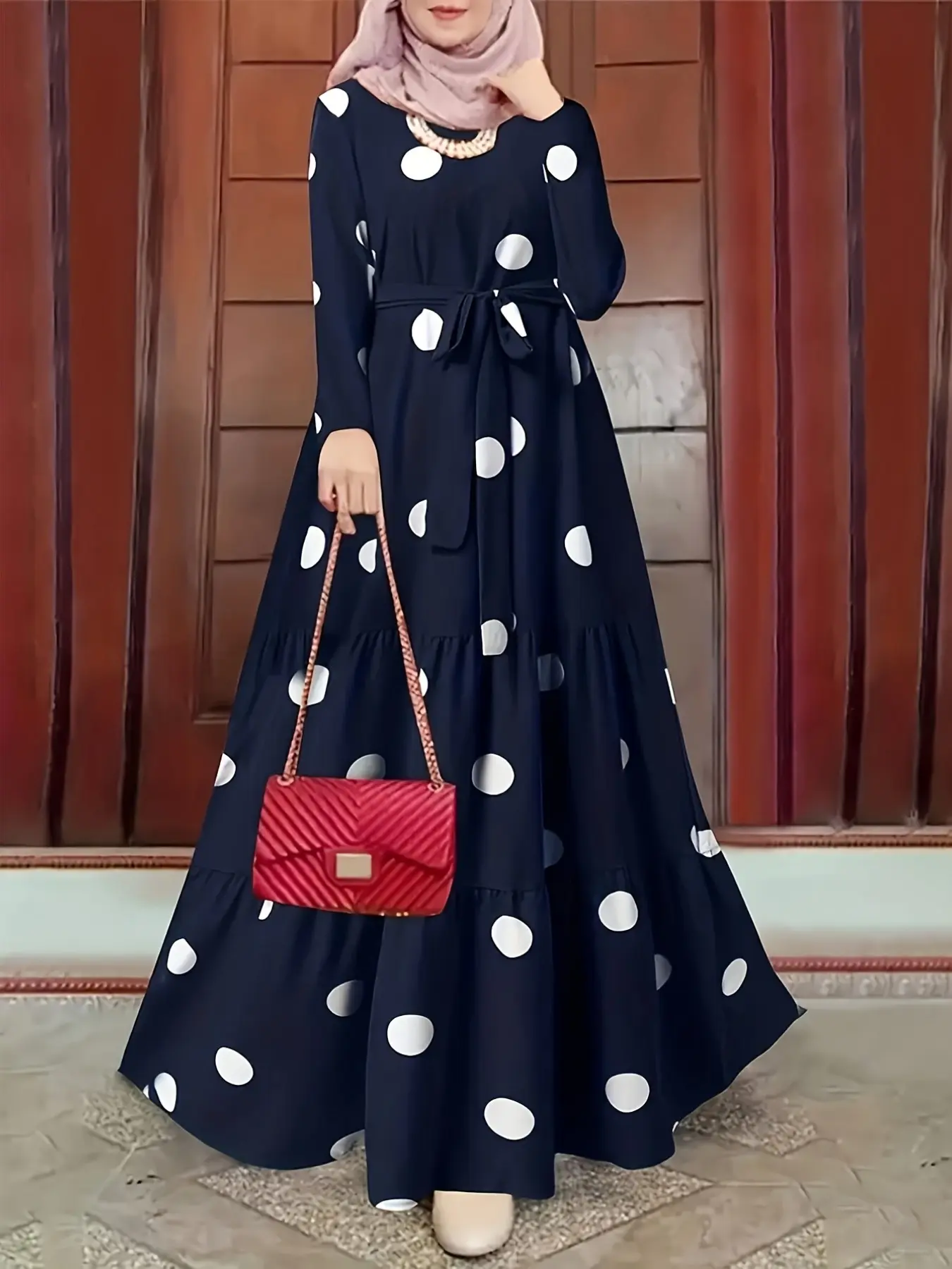 Women's Navy Polka Dot Tiered Abaya, Elegant Modest Style, Muslim Dress, Round Neck & Waist Tie, Long Sleeves, Perfect for Ramadan/eid