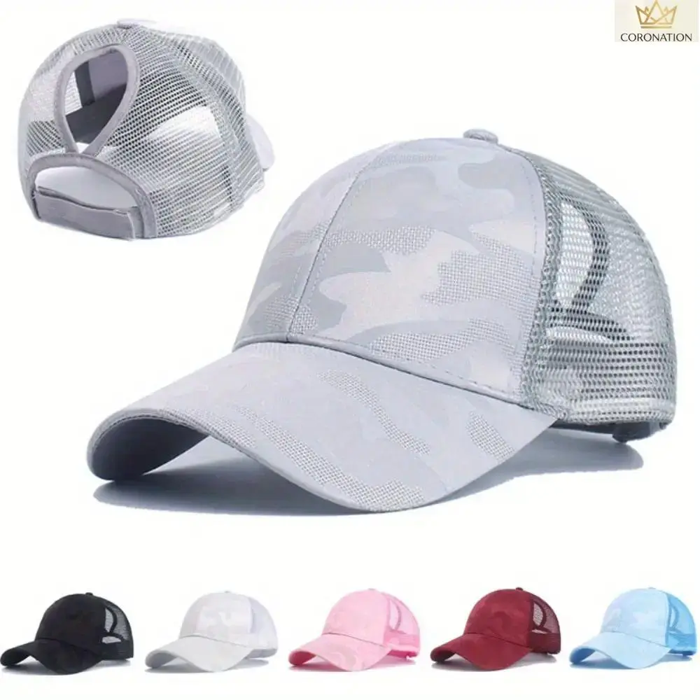 1/2 Pieces Women’s Ponytail Baseball Cap, Trendy Summer Mesh Hat with Back Hair Opening, Breathable Lightweight Printed Sun Cap, Adjustable Casual Hat for Beach, Travel, Running & Everyday Wear