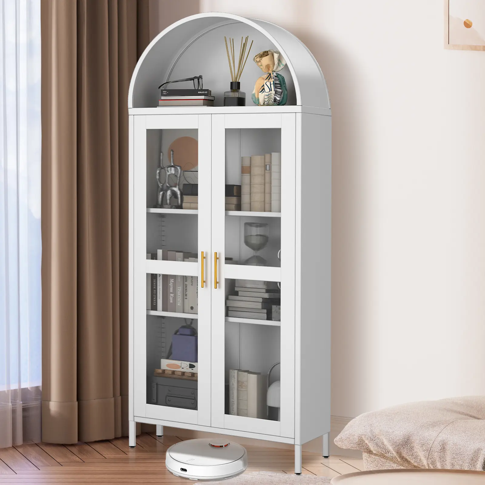 Tall Arched Metal Storage Cabinet with Glass Doors, Adjustable Shelves Display Book Cabinet for Home Office Kitchen Living Room decor