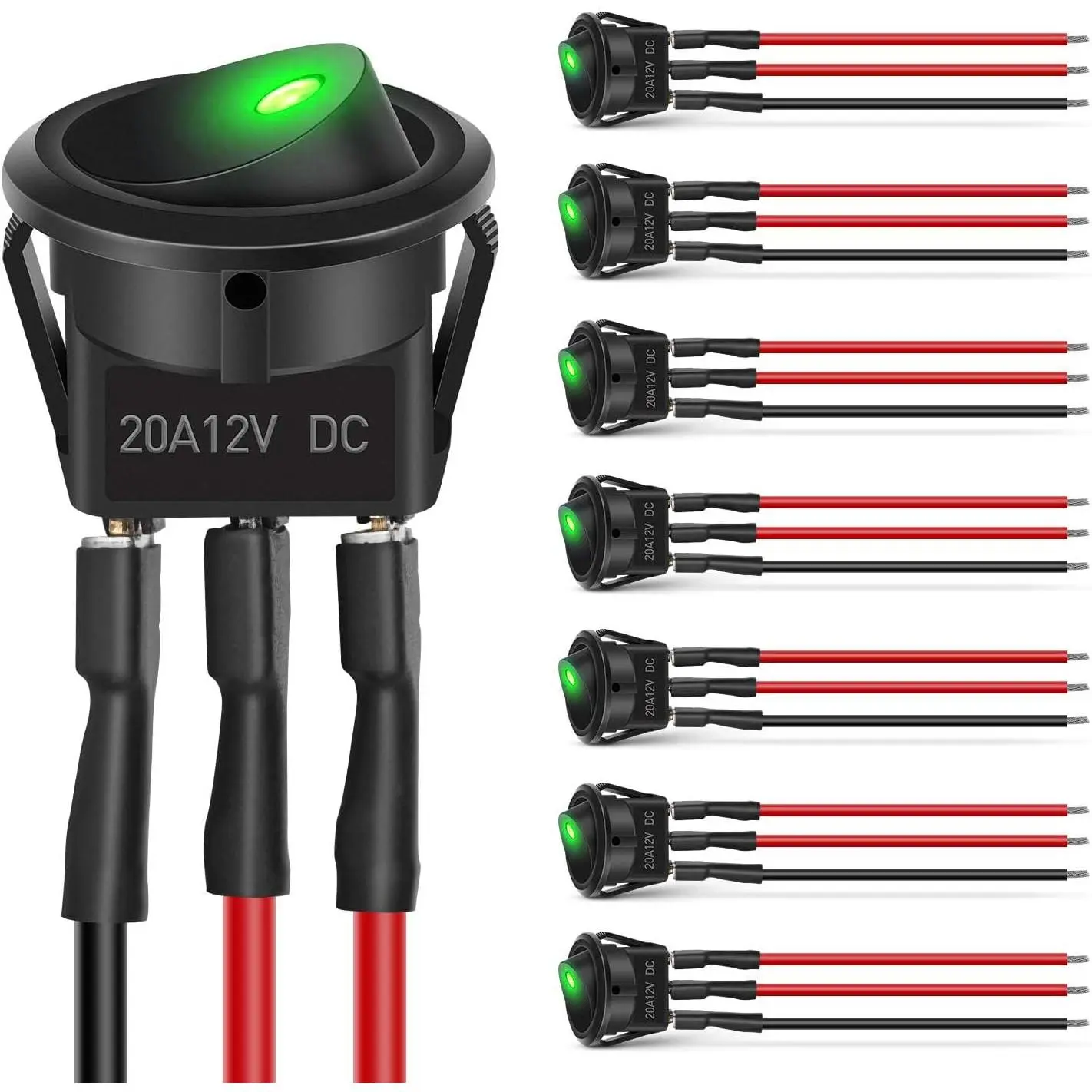 Nilight 8PCS Round Rocker Switches - 12V-24V 20A Green On-Off LED SPST Switches with 16AWG Presoldered Wires, 3Pin 2Position, Copper-Plated Silver, Flame-Retardant Casing, Keyhole Slot, Silver-Plated Terminals for Car, Boat