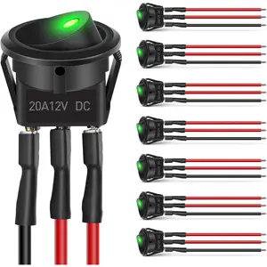 Nilight 8PCS Round Rocker Switches - 12V-24V 20A Green On-Off LED SPST Switches with 16AWG Presoldered Wires, 3Pin 2Position, Copper-Plated Silver, Flame-Retardant Casing, Keyhole Slot, Silver-Plated Terminals for Car, Boat
