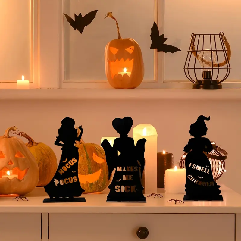 3 Pack Hocus Pocus Witch Tabletop Wooden Signs, Decorative Plaque Sign, Plaque And Sign, Black Sanderson Sisters Silhouette Freestanding Table Decor, Halloween Witch Themed Home Tiered Tray Mantel Desk Ornament, Halloween Party Indoor Farmhouse Decor Gift